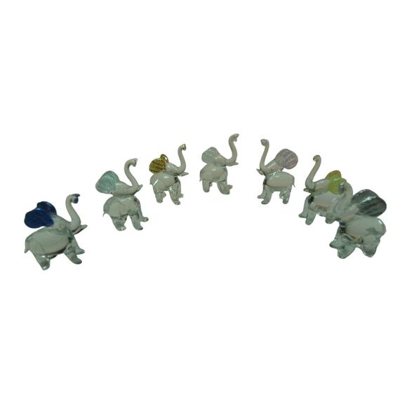 Glass Elephant Miniatures with Colored Ears Lot of 7 - Picture 1 of 8